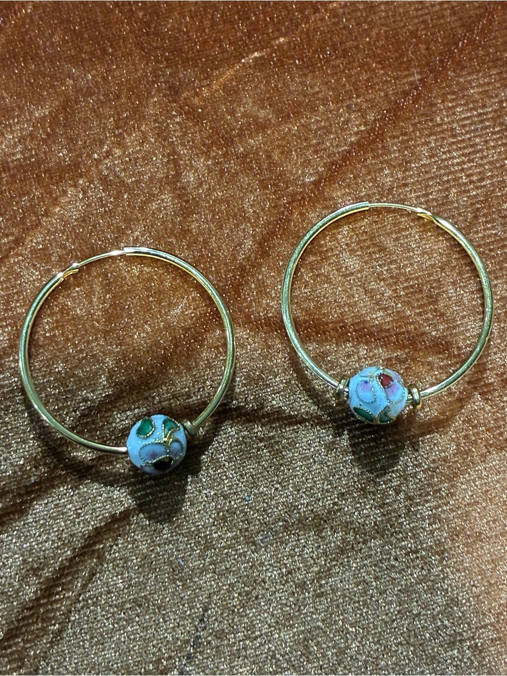 Vintage Cloisonné Bead Gold Hoop Earrings